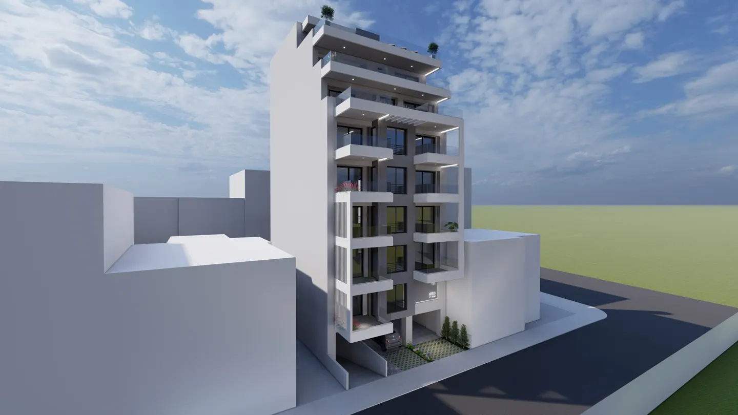 A modern, multi-story apartment building with white balconies and dark grey accents, set against a blue, cloudy sky.