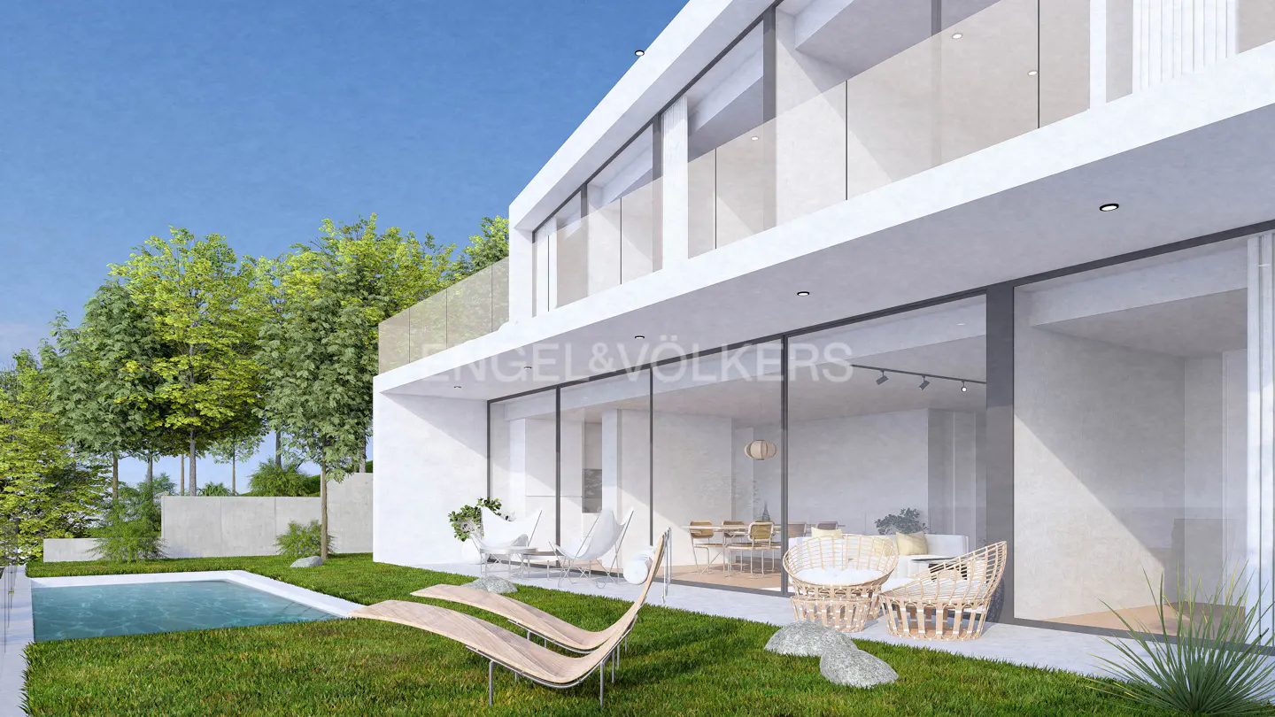 Exterior view of a modern white house with a pool, lawn, and patio furniture on a sunny day.