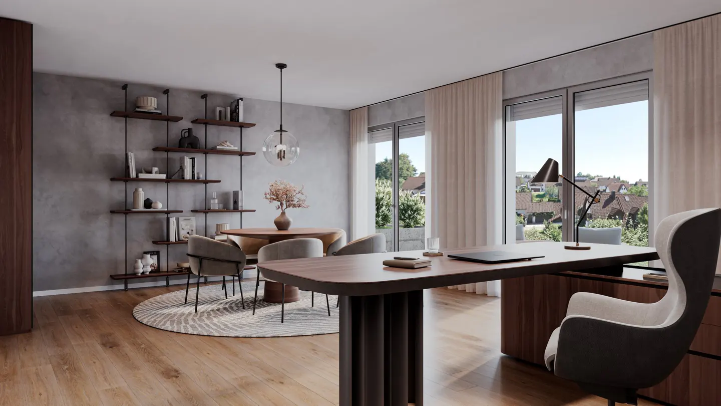 Modern home office with a wooden desk, swivel chair, and a dining area featuring a round table and wall-mounted shelving.