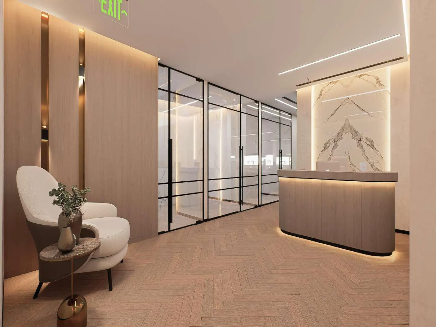 Office lobby with a white chair, glass-walled offices, and a reception desk with marble wall art.