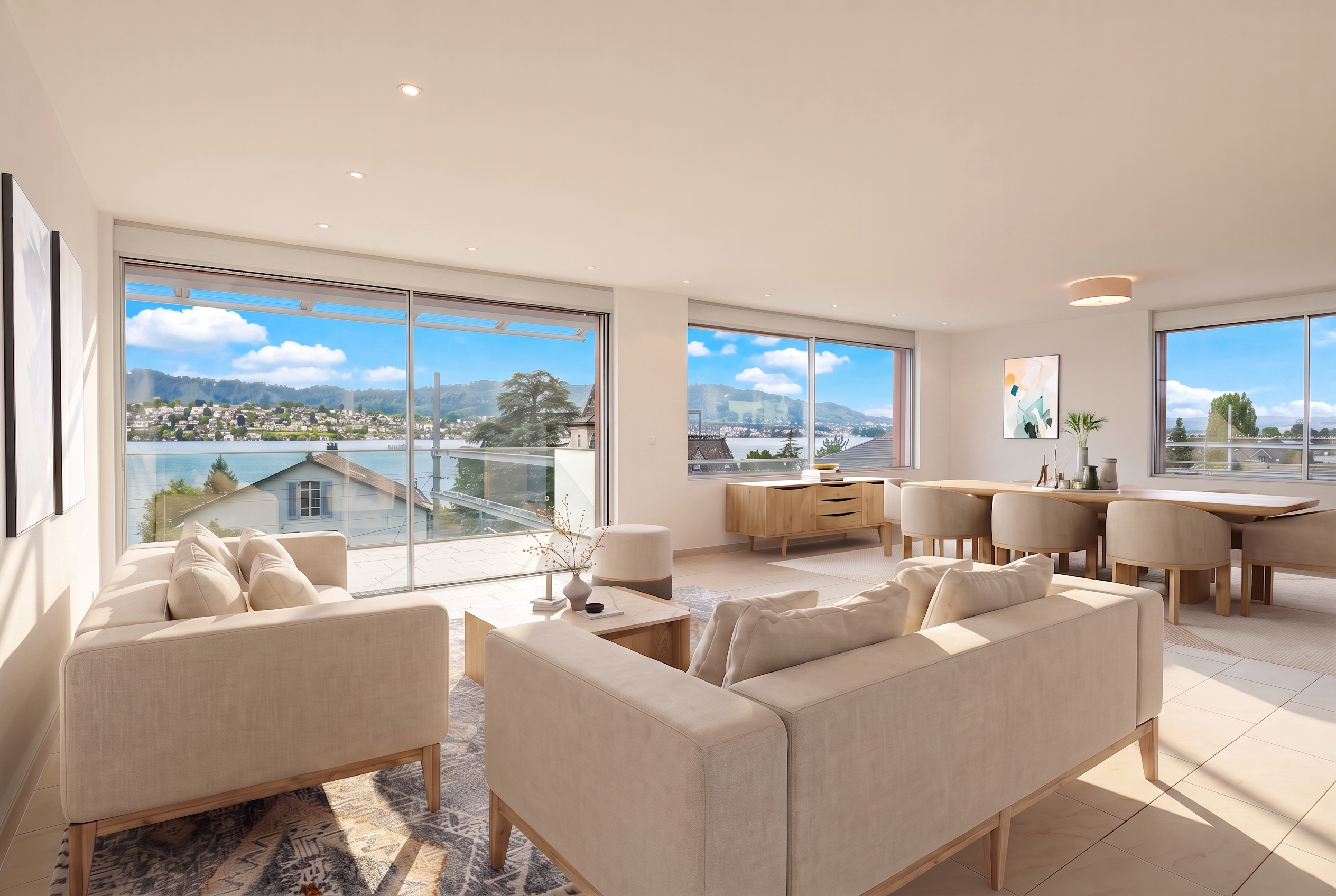 Bright, modern living room with beige sofas, dining area, and large windows overlooking a lake and mountains.