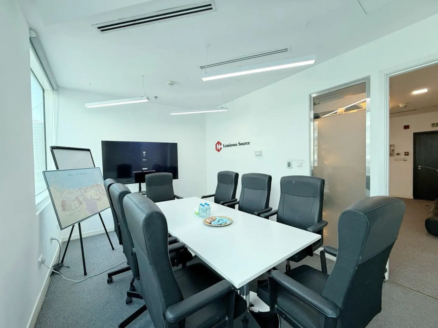 Bright, modern conference room with a white table, black chairs, and a large screen. A whiteboard stands near a window. "Luminous Source" logo on the wall.