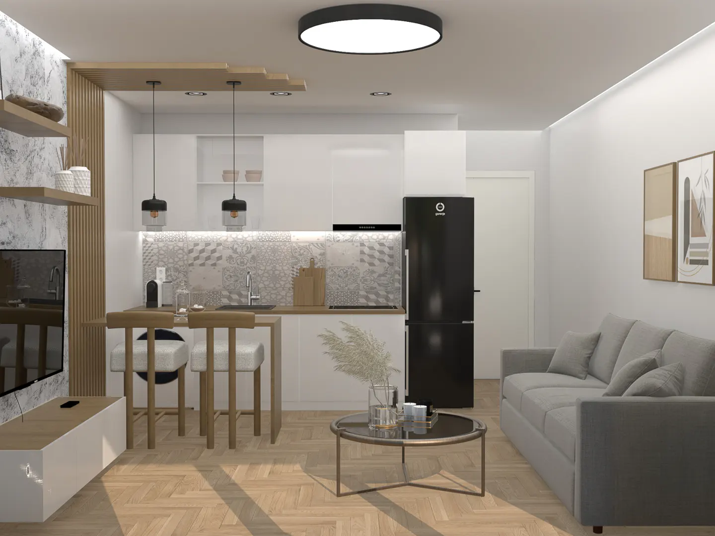 A modern apartment interior with a gray sofa, black fridge, and white kitchen.