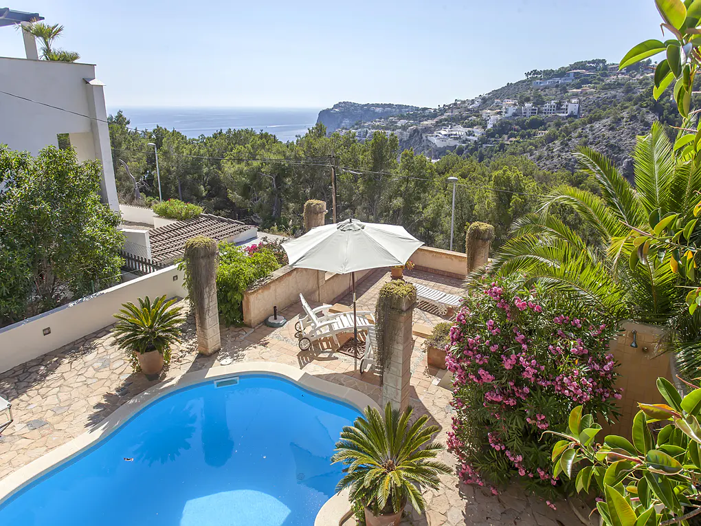 Aerial view of a blue pool, patio with lounge chairs, and ocean view.
