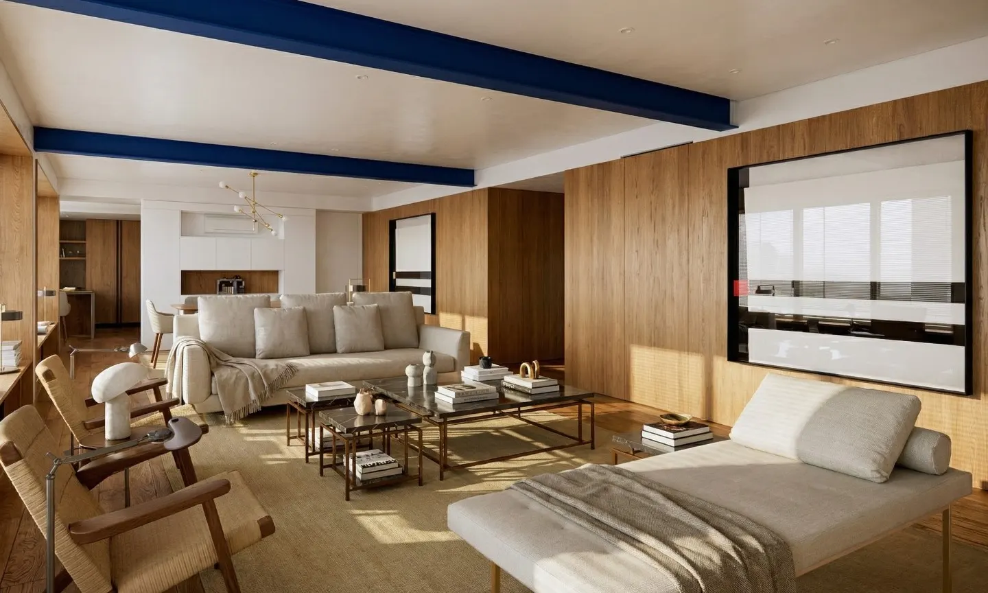 A modern living room with a beige sofa, wooden walls, and blue ceiling beams. A chaise lounge sits near a large abstract painting.