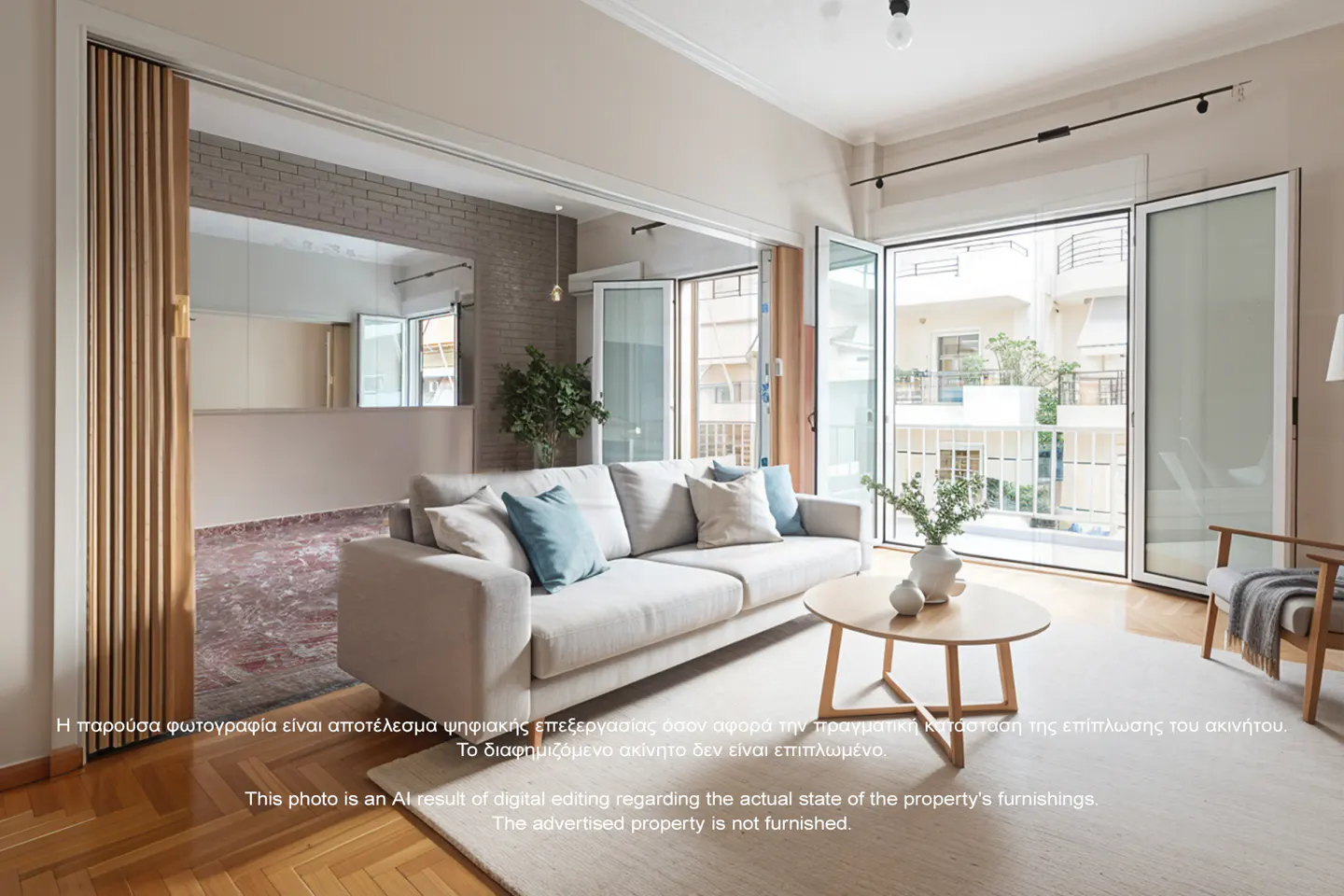 Living room with a beige sofa, light blue pillows, a round coffee table, and a balcony with open doors.