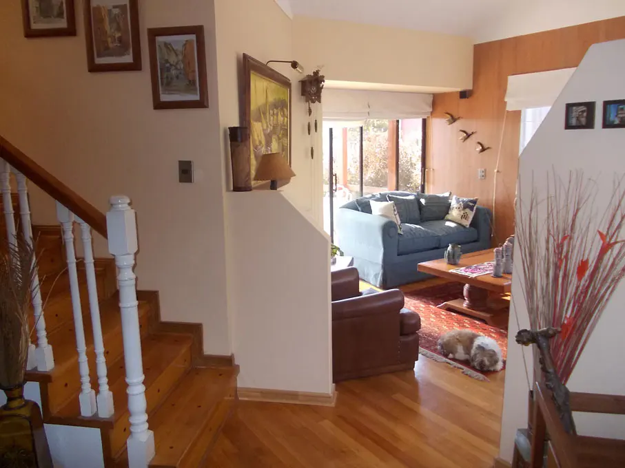 Interior view of a home with wooden stairs, a blue sofa, and a dog sleeping on a red rug.