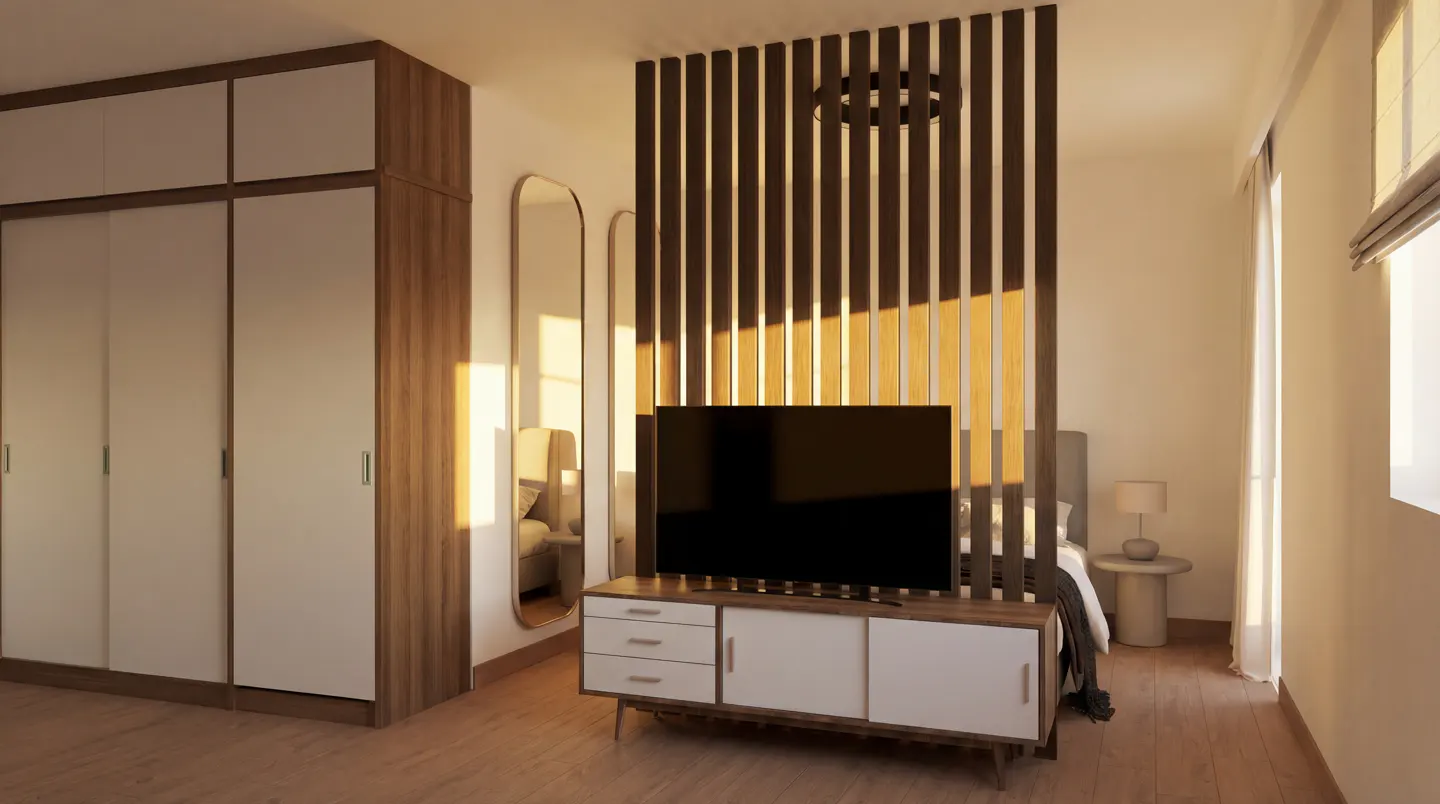Bedroom with a TV on a white and wood cabinet, a wood slat wall, and a large wardrobe.