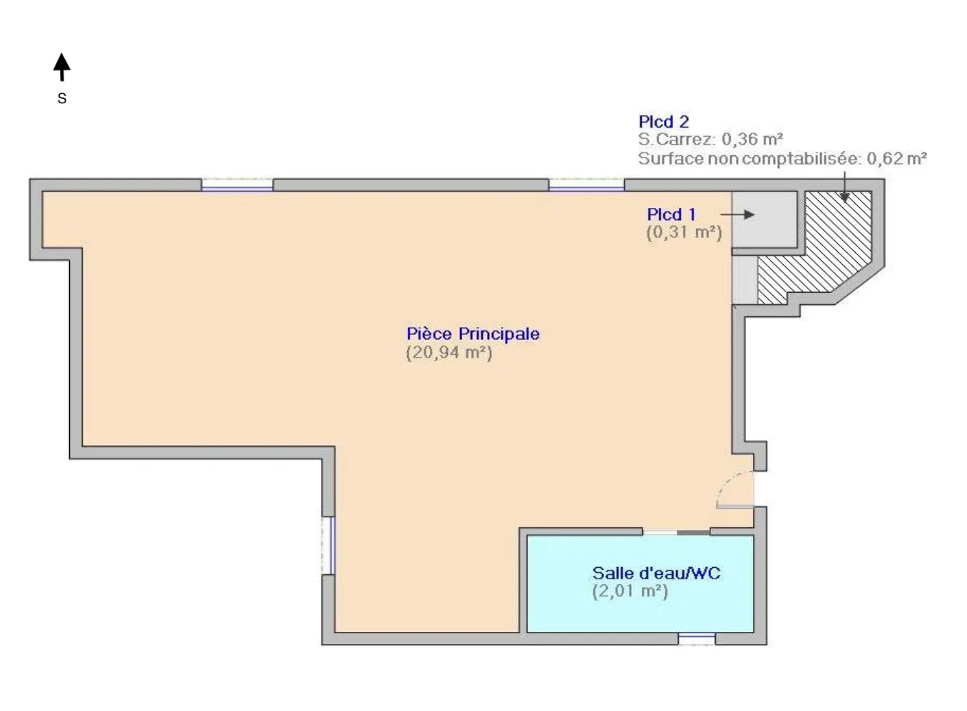 Floor plan of an apartment with a main room, bathroom/toilet, and two balconies. The main room is beige, the bathroom is blue, and the balconies are gray.