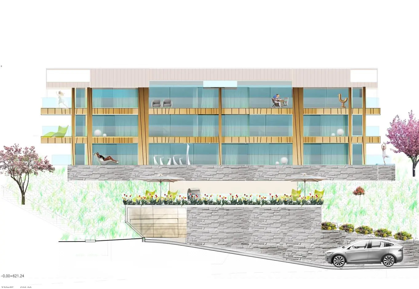 Modern building with glass balconies and wood accents. People are relaxing on balconies. A car is parked in front.