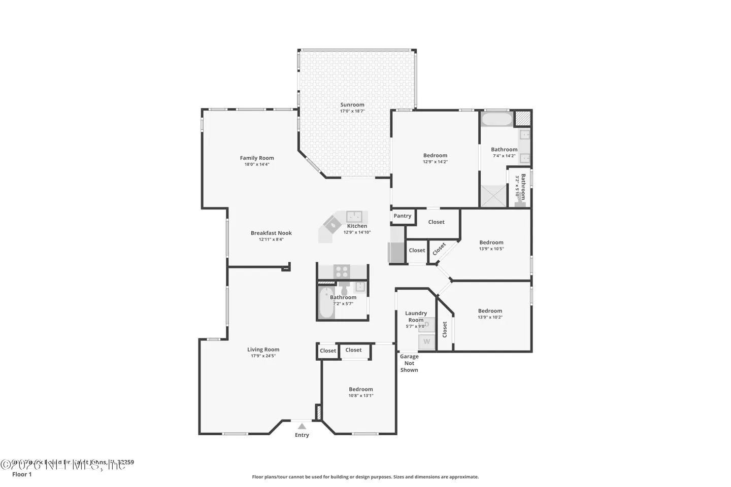 Floor plan of a house in white with black outlines, showing a living room, kitchen, bedrooms, bathrooms, and sunroom.
