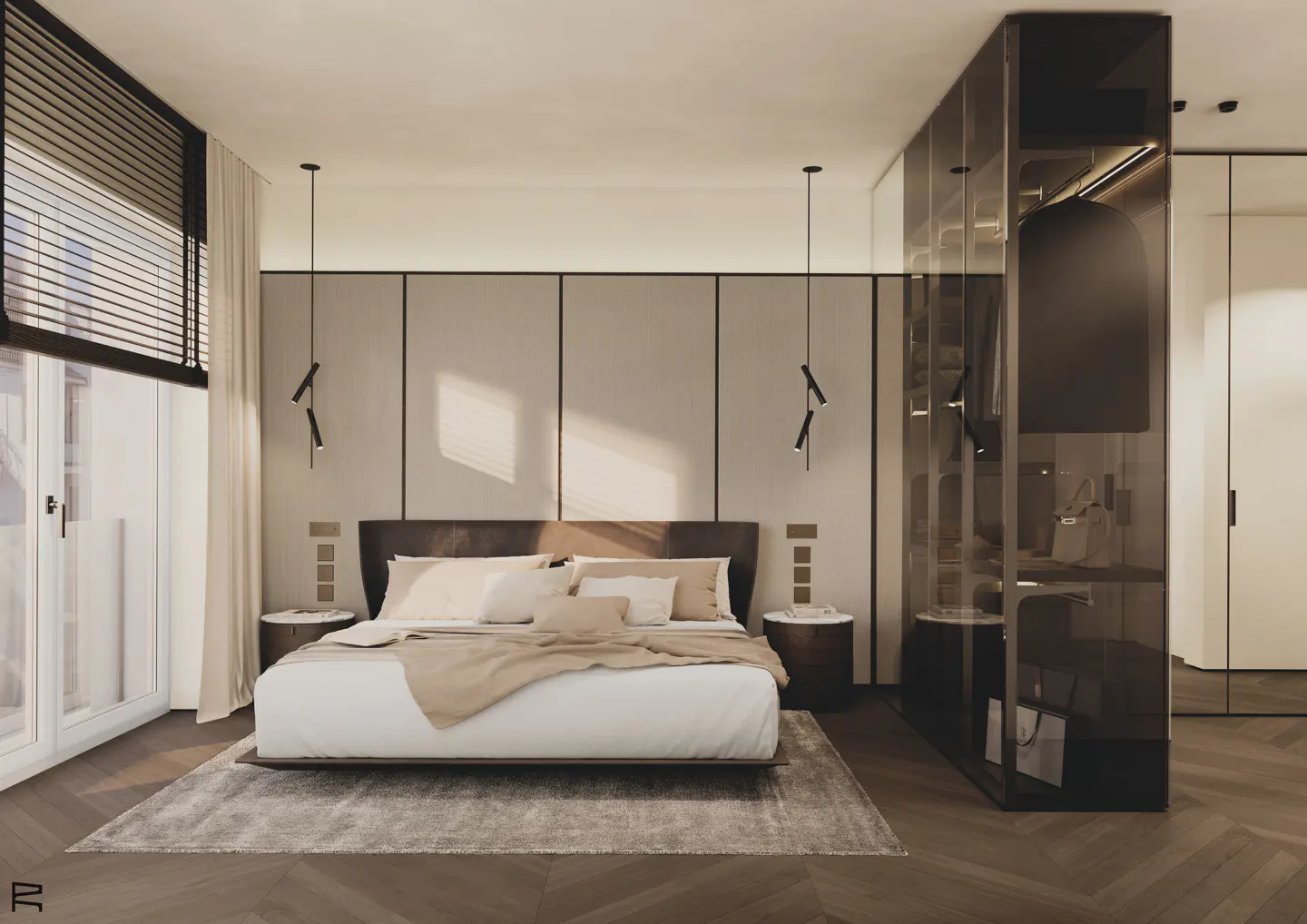 A modern bedroom with a large bed, a glass closet, and a window with blinds.