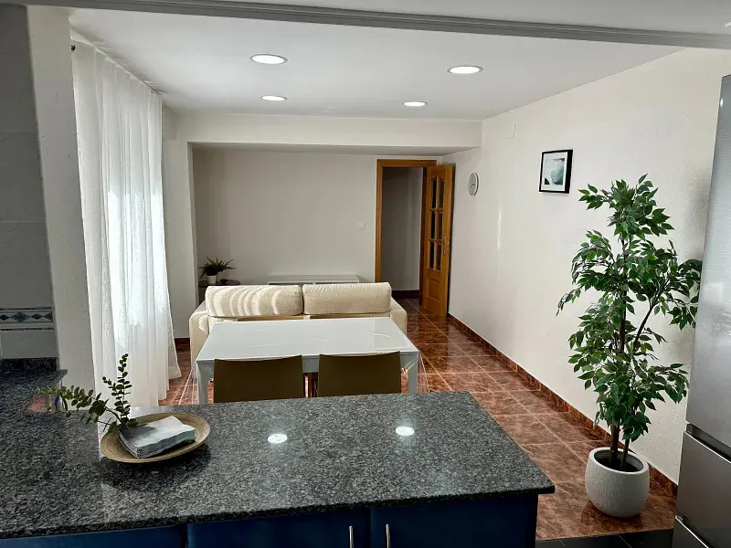 A bright, open-concept living space with a sofa, table, and kitchen island. The floor is tiled in brown, and a potted plant adds a touch of greenery.