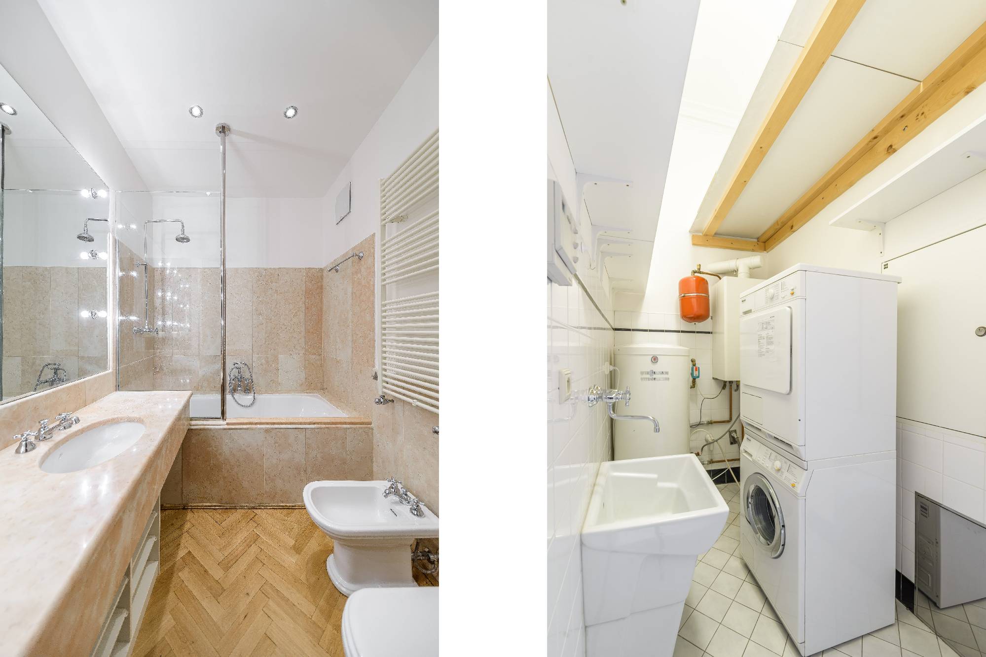 Split view showing a beige-tiled bathroom with a tub and vanity, and a utility room with a stacked washer-dryer and sink.