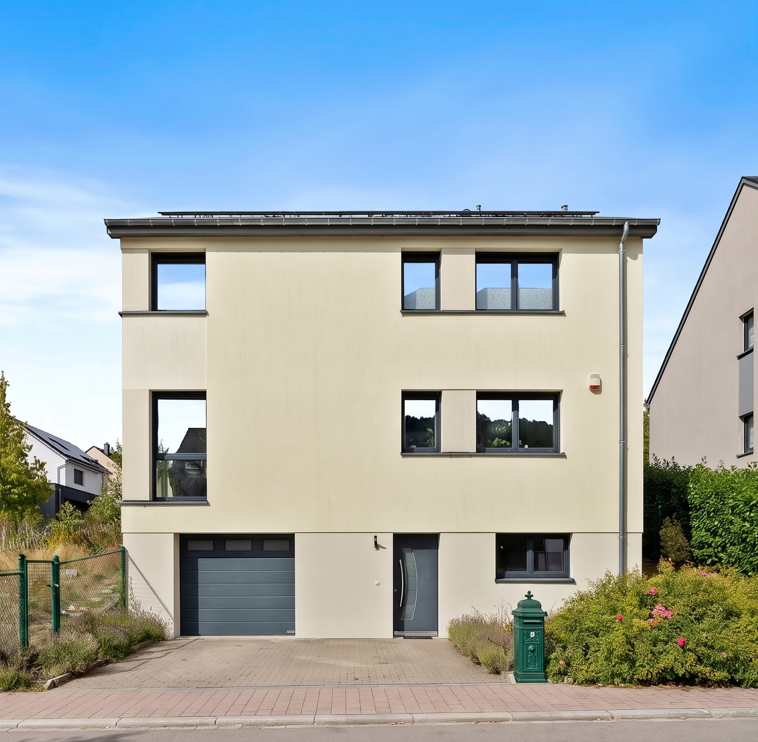 Modern two-story beige house with a gray garage door, front entrance, and dark-framed windows under a clear blue sky. [AI-generated text]