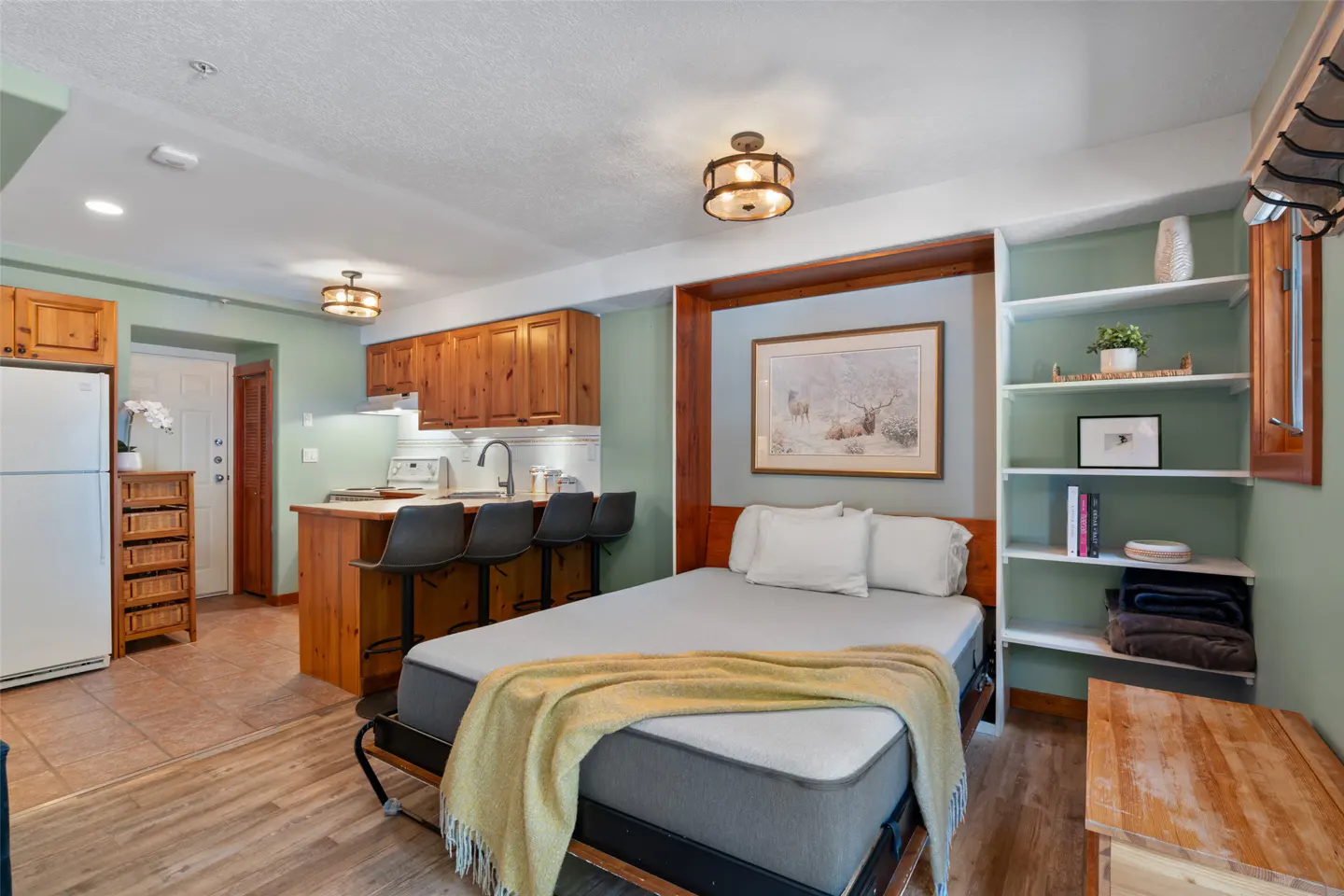 Studio apartment with a Murphy bed, small kitchen, and white shelving unit. The walls are light green.