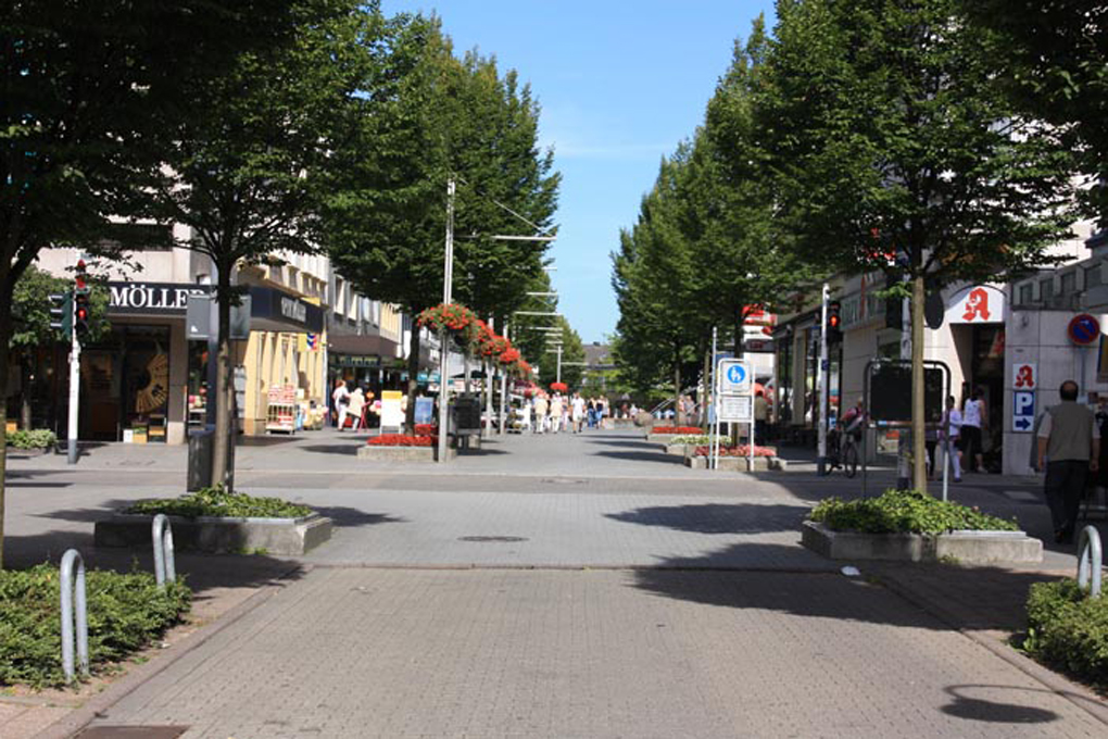 A pedestrian street lined with trees and shops on a sunny day.