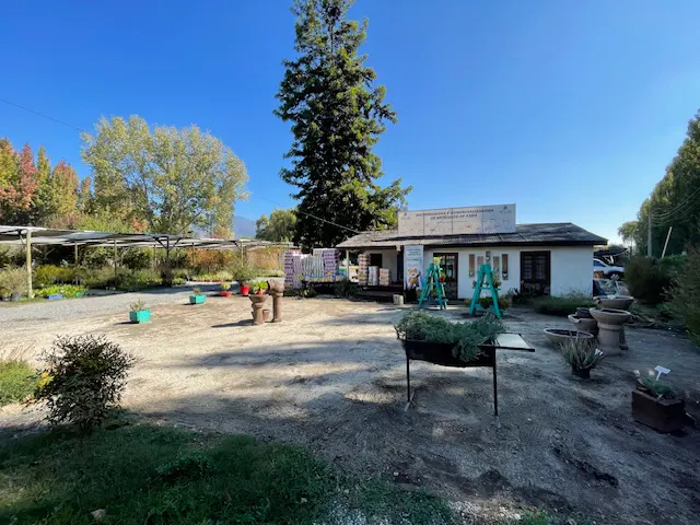 Outdoor shot of a garden center with plants, pots, and a white building under a blue sky.