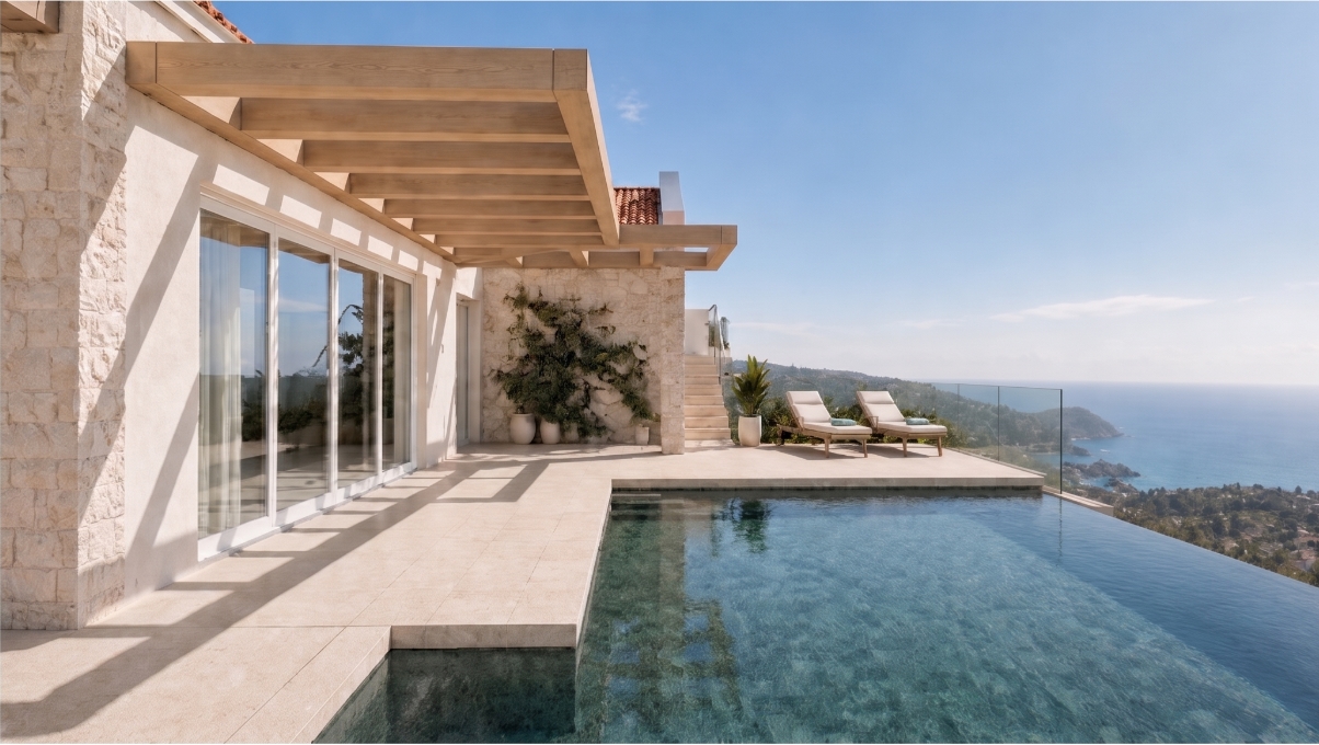 Mediterrane Villa mit Pool, großzügigen Terrassen und Panoramablick aufs Meer [KI-modifiziert]