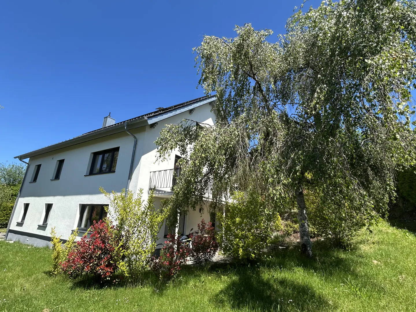 White two-story house with dark windows, a small balcony, and a large weeping birch tree in a sunny, grassy yard.