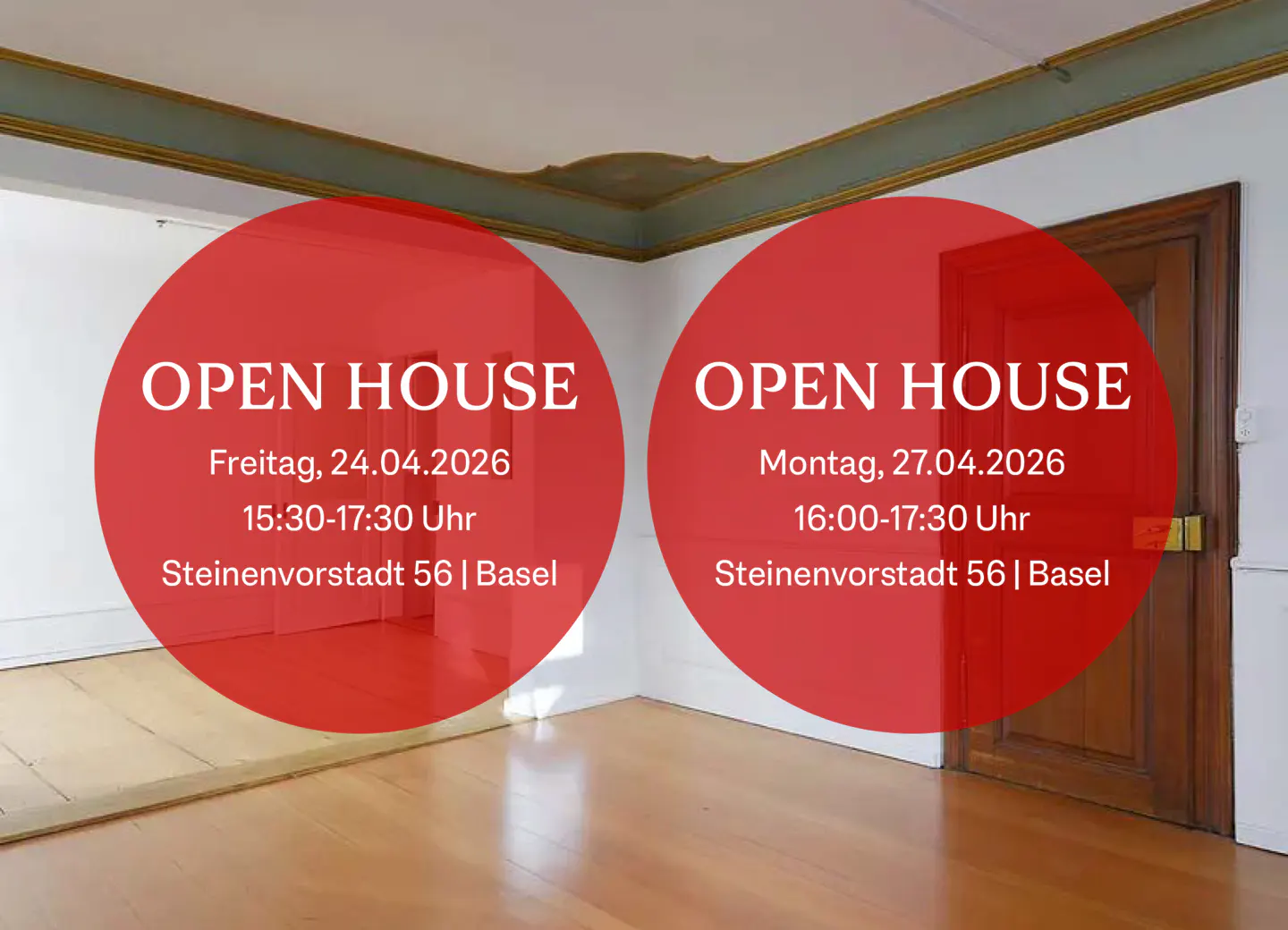 Open house advertisement: interior view of a room with wood floors and white walls. Red circles display open house dates and times.