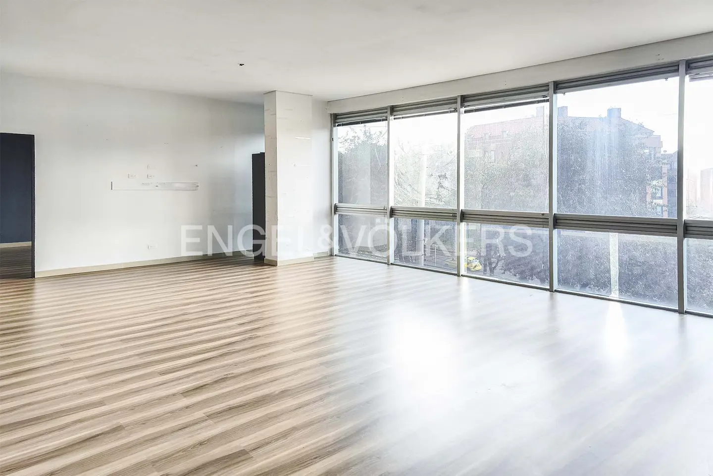 Bright, empty room with wood floors, white walls, and large windows showing trees and buildings outside.