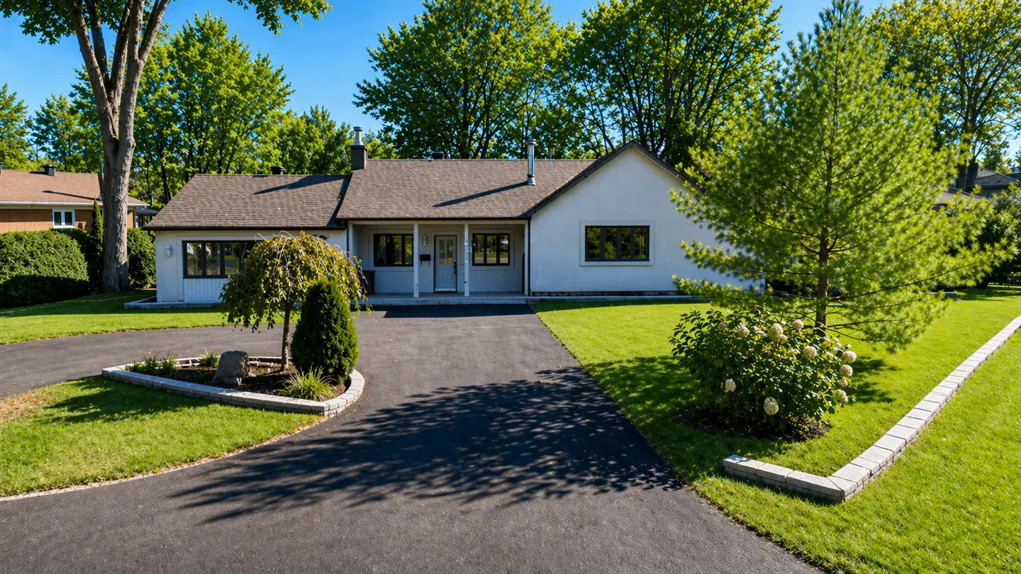 A white, one-story house with a brown roof and black trim, surrounded by green trees and a lawn. A black driveway leads to the house.