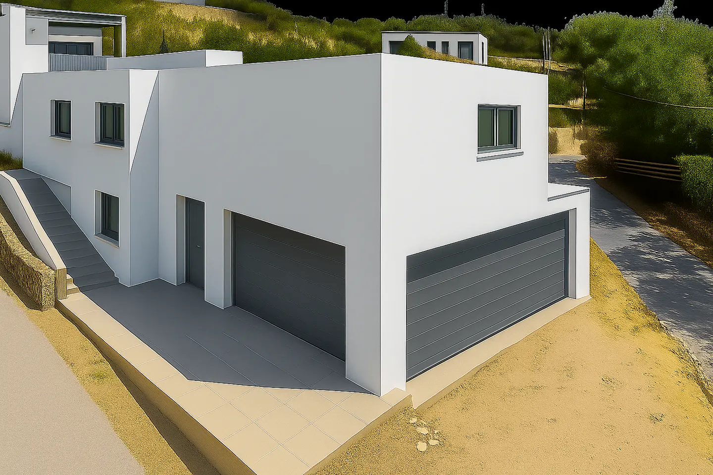 Modern white house with gray garage doors and windows, set on a sandy lot with green hills in the background.