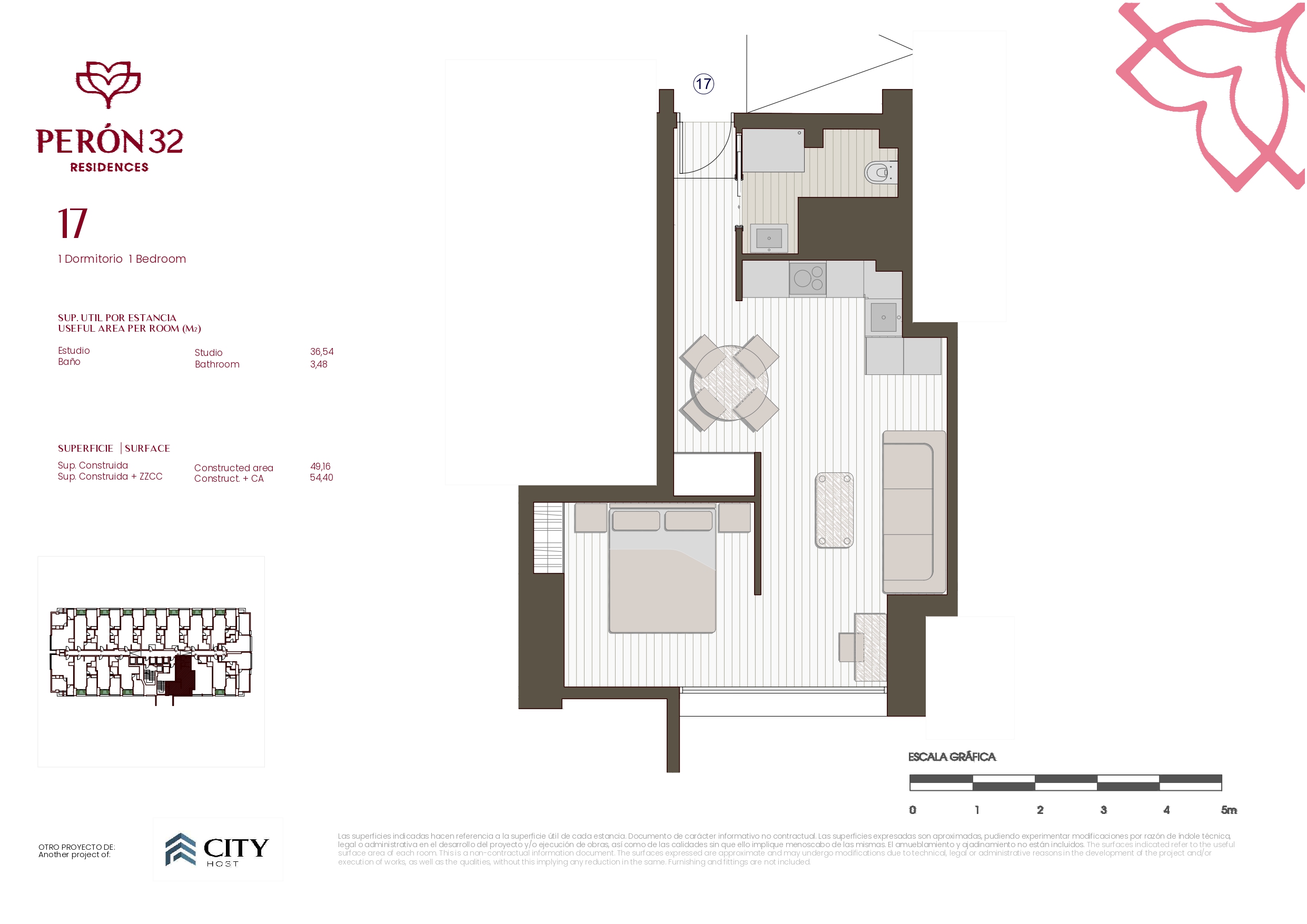 Floor plan for Perón 32 Residences unit 17, a one-bedroom apartment showing layout, furniture, and area measurements. [AI-generated text]