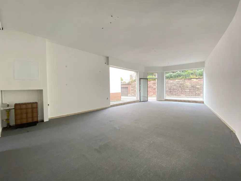 Empty commercial space with gray carpet, white walls, and large windows. A brown cabinet sits against the wall. Outside, a brick wall and greenery are visible.