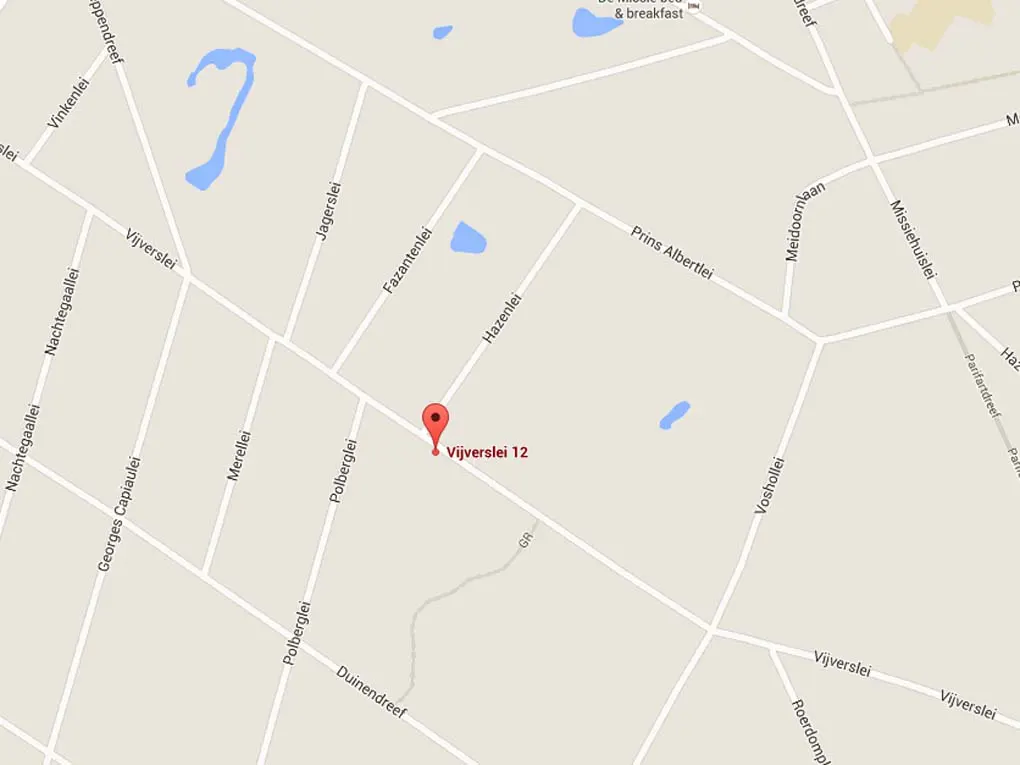 Map view of Vijverslei 12, marked with a red pin. Nearby streets include Polberglei, Hazenlei, and Fazantenlei. Small bodies of water are visible.