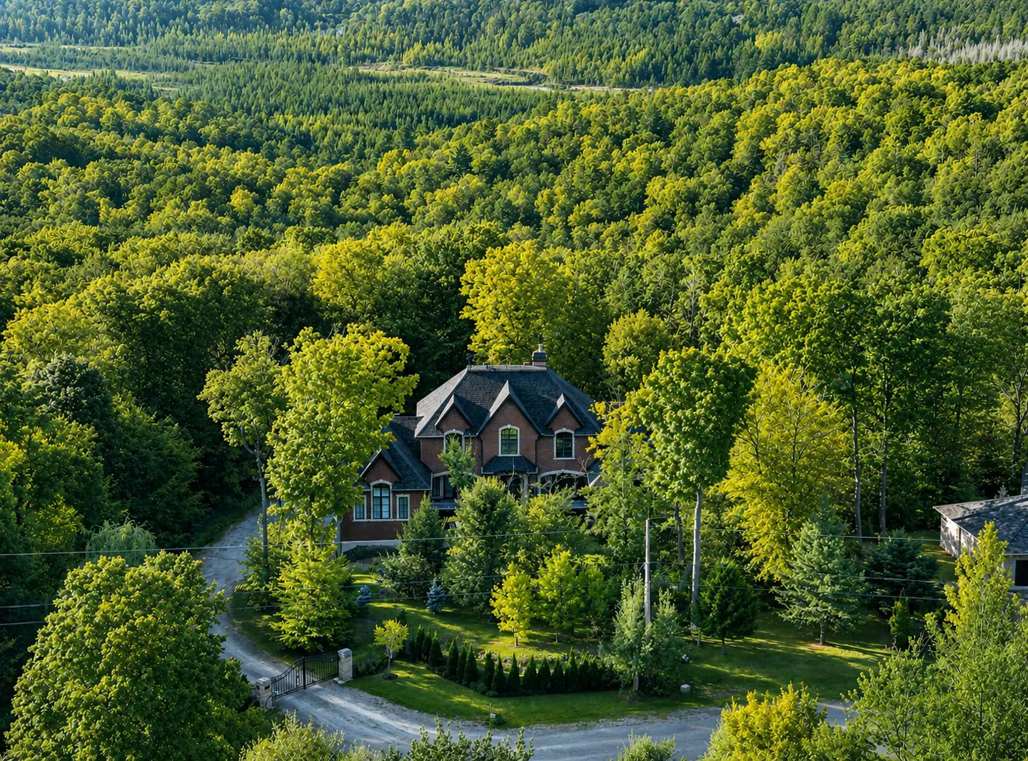 Aerial view of a brown house with a dark roof, surrounded by lush green trees and a winding driveway.