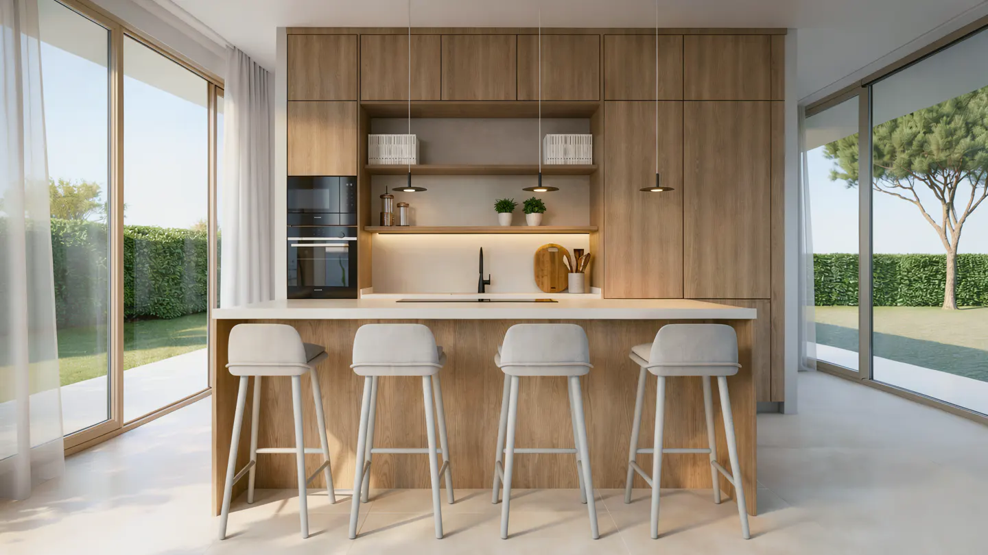 Modern kitchen with light wood cabinets, white countertop, and four white stools. Large windows offer a view of the green lawn and trees.