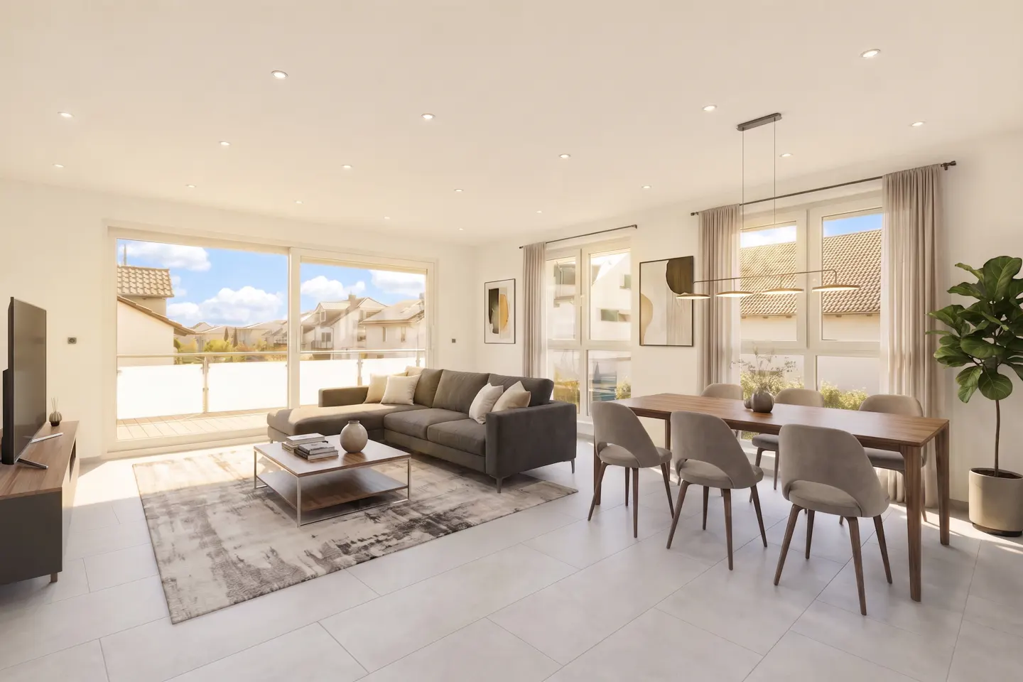 Bright, open-plan living and dining area with a gray sectional sofa, wood dining table, and large windows overlooking a residential neighborhood.