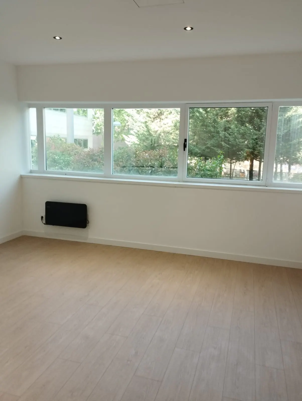 Empty room with light wood floors, white walls, and a row of windows. A black heater is mounted on the wall. Outside, green trees are visible.