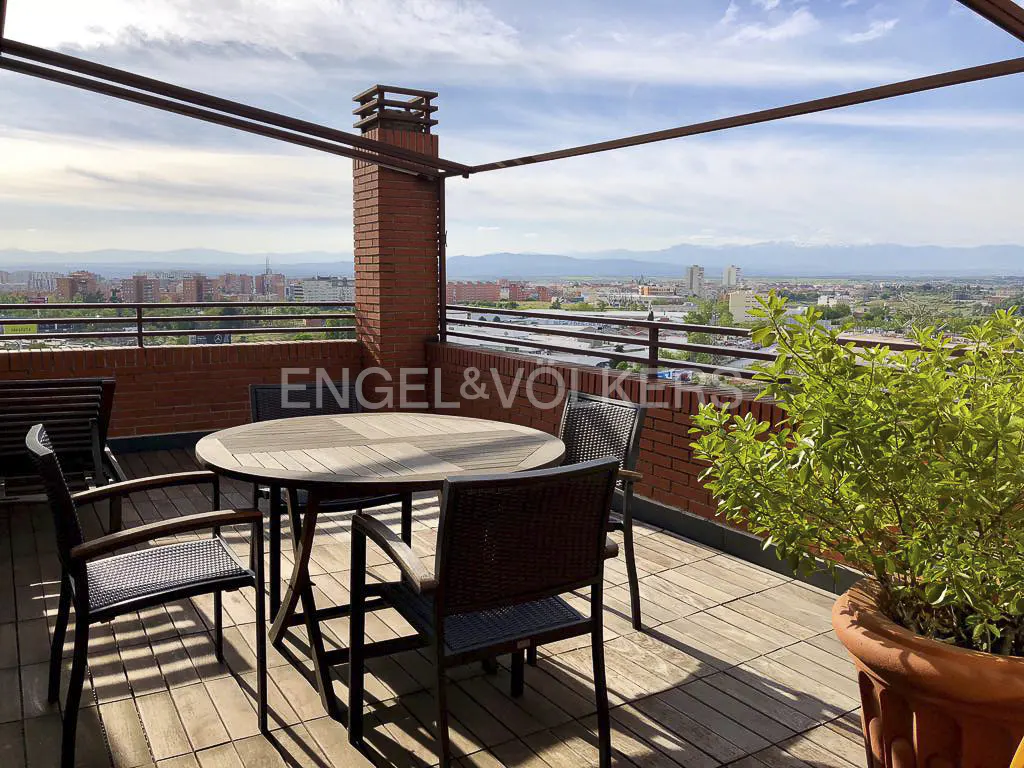 Rooftop patio with a round table, chairs, and potted plant overlooking a city skyline with mountains in the distance.