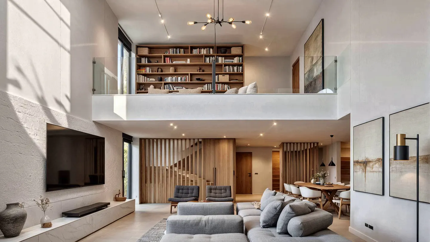 Bright, modern living room with a gray sectional sofa, wood staircase, and a second-floor library with a glass railing.
