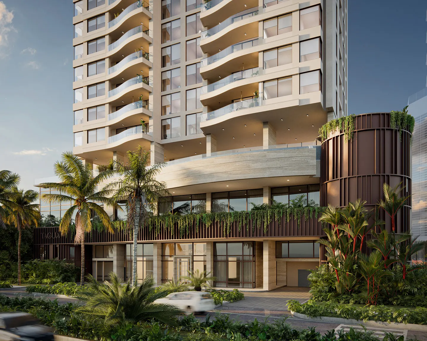 Modern high-rise apartment building with curved balconies, palm trees, and lush landscaping.