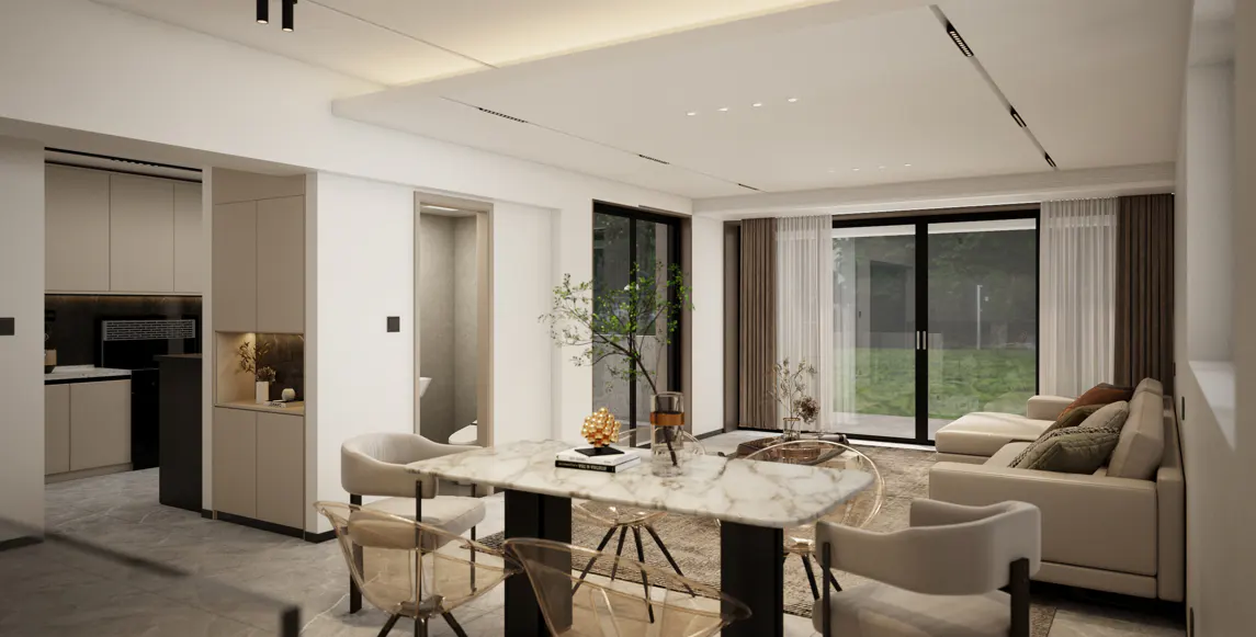A modern, open-concept living space with a marble dining table, clear chairs, and a beige sofa near sliding glass doors.