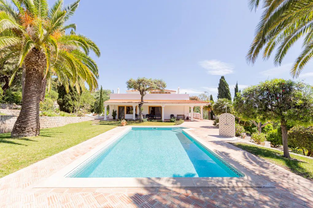 A sunny backyard with a pool, palm trees, and a white house with a red tile roof.