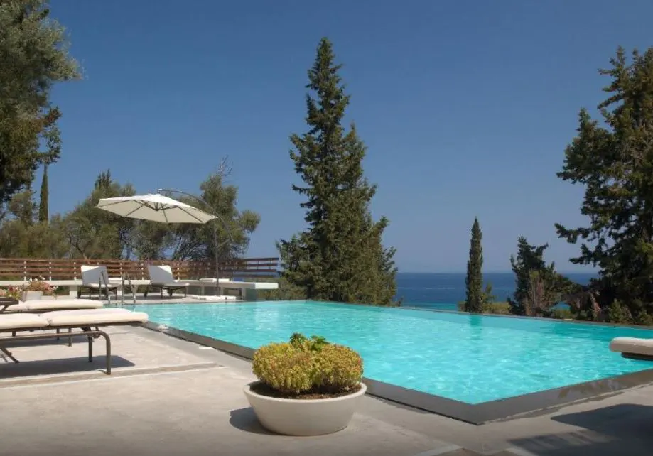 Infinity pool with lounge chairs, umbrella, and potted plant overlooking the blue sea under a clear sky.