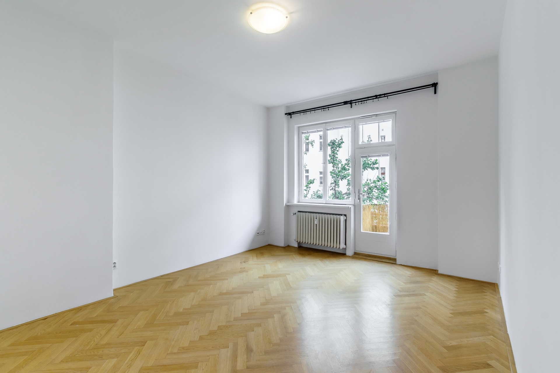 Empty room with white walls, light wood herringbone floors, a radiator, and a glass door leading to a balcony. [AI-generated text]