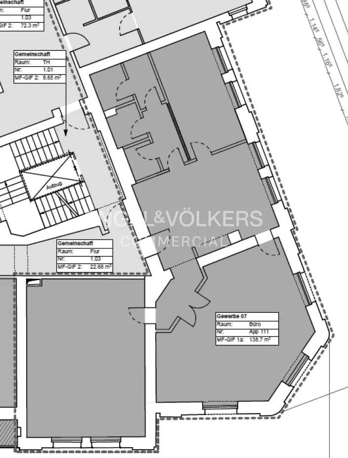 Floor plan of a commercial space with offices, stairs, and the Engel & Völkers logo. The rooms are shaded in gray.