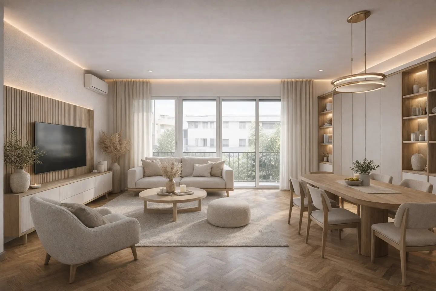 Bright, open-plan living and dining area with neutral tones. Sofa, chairs, and dining table are wood and beige. Large windows let in natural light.