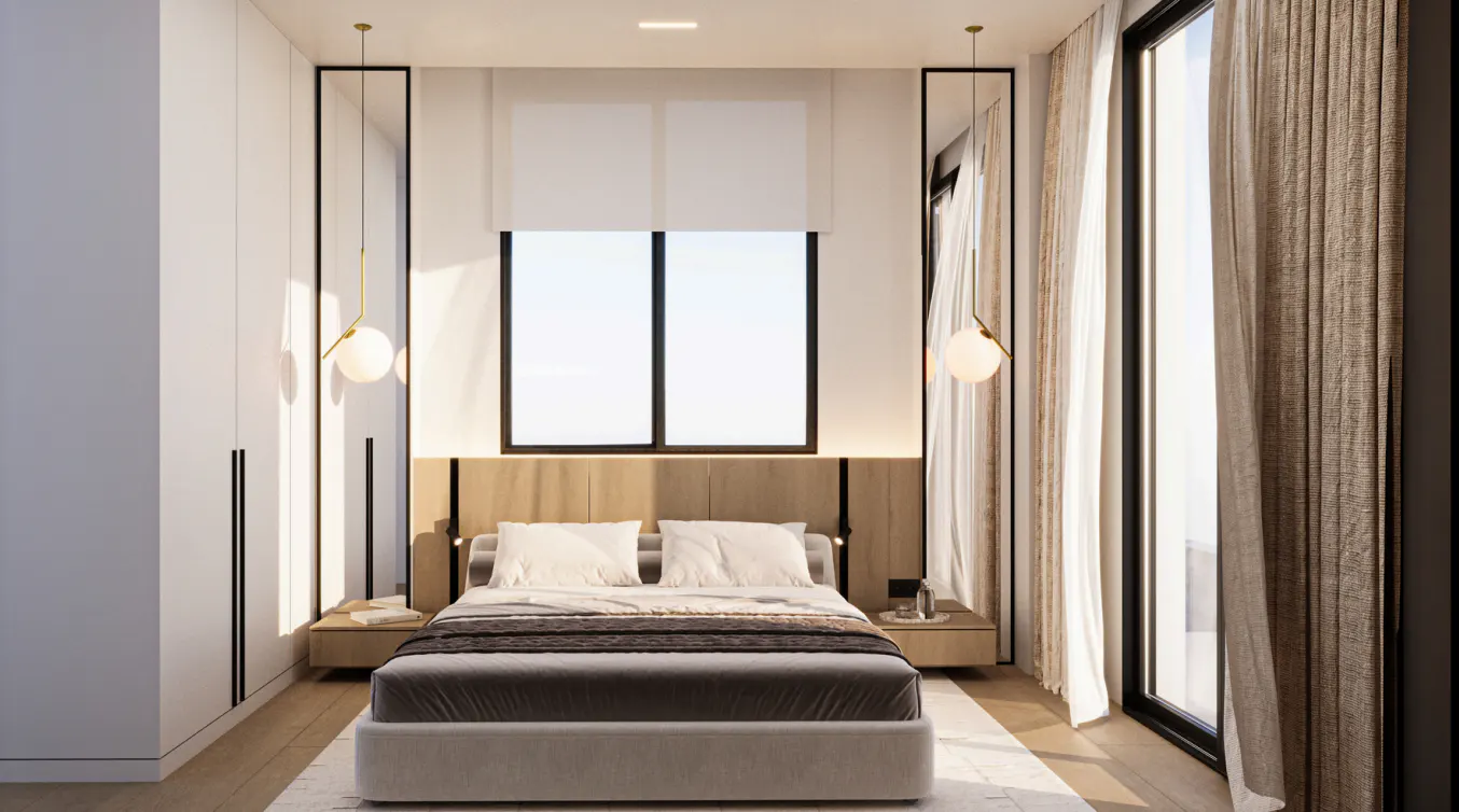 A modern bedroom with a gray bed, white linens, and a wooden headboard. Black-framed windows and pendant lights add style.