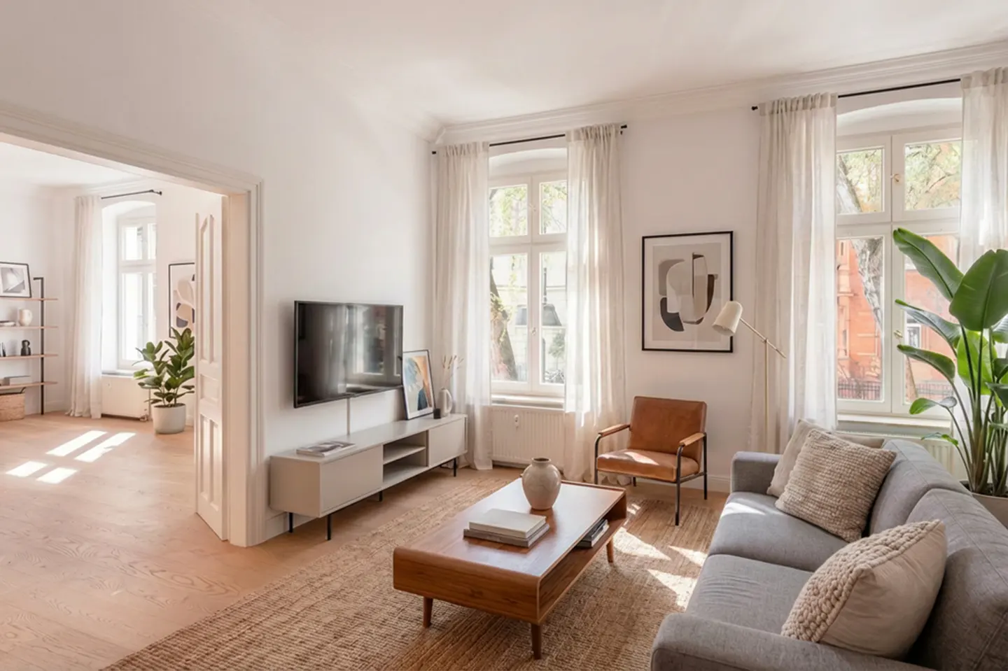 Bright living room with a gray sofa, brown leather chair, wood coffee table, and a TV on a gray console. Sunlight streams through white-curtained windows.