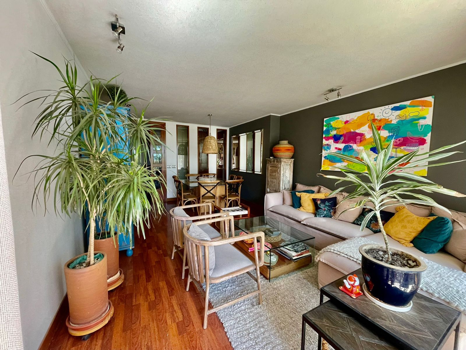 A living room with wood floors, a pink sofa with colorful pillows, and a glass coffee table. There are two wooden chairs, plants, and a colorful painting on the wall.