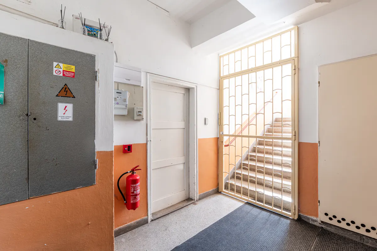 Apartment hallway with a gray electrical panel, a red fire extinguisher, and a metal gate leading to stairs.