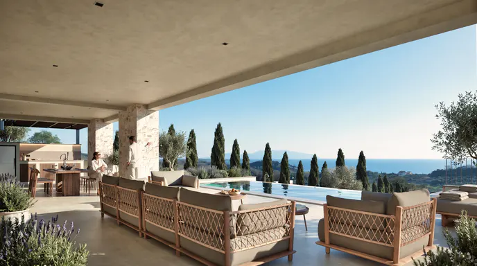 Covered patio with modern outdoor furniture overlooking an infinity pool, cypress trees, and a distant blue sea.