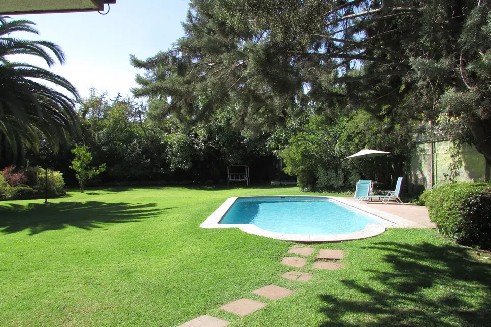 A backyard with a blue swimming pool, green grass, trees, and a patio set with an umbrella.